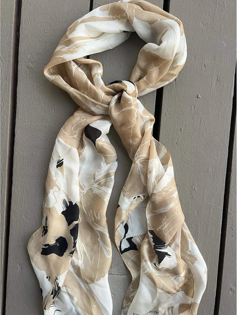 Vince Camuto Silk Rectangle/Oblong Scarf, Large Floral Cream Black 70”X17”